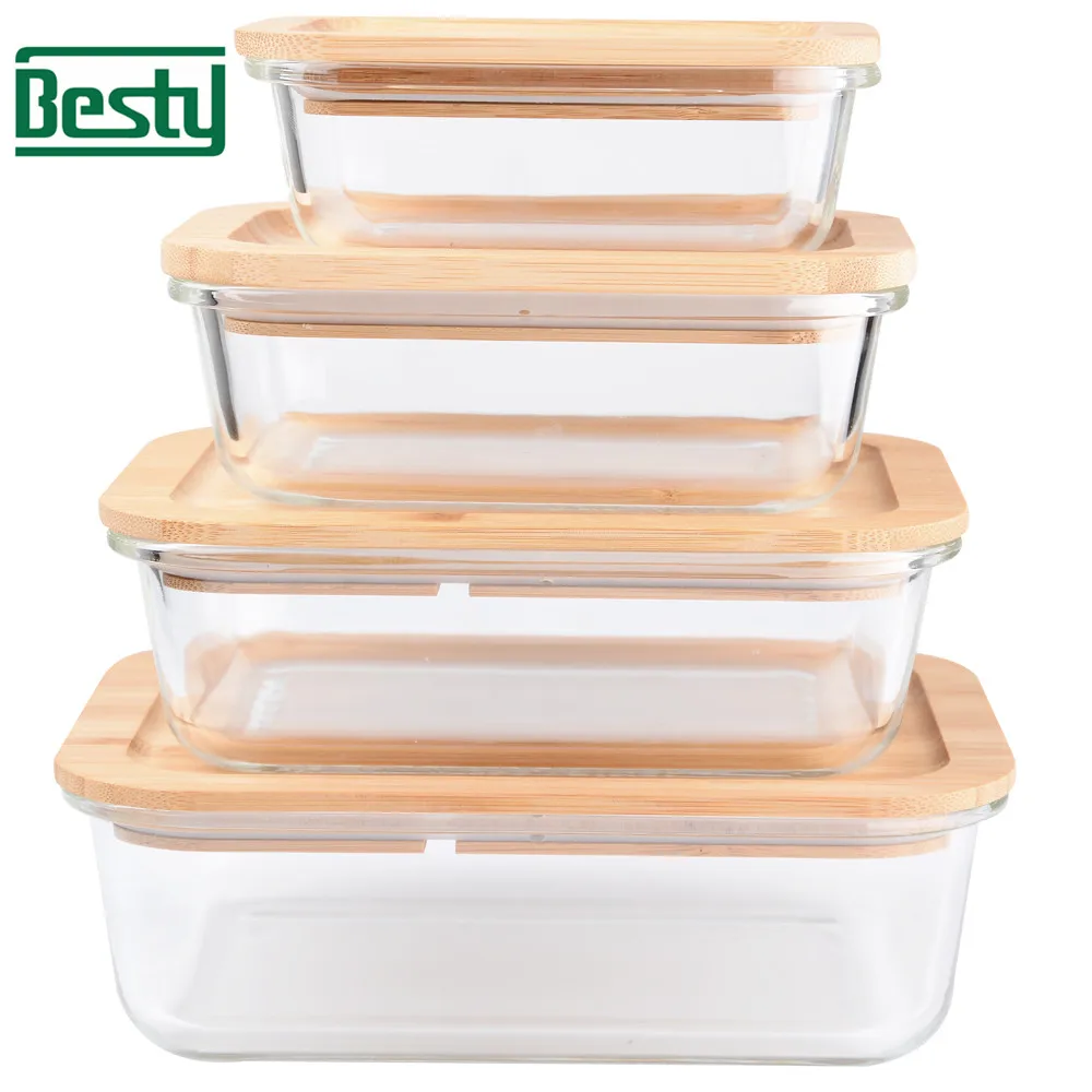 Eco-friendly Food Meal Prep Containers With Bamboo Lid wooden Glass Food Storage High Quality Glass Food Meal Prep Containers