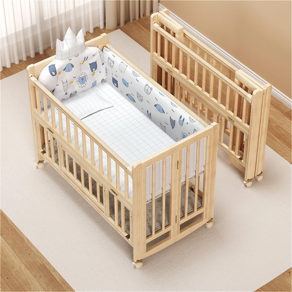 Unpainted Lightweight Foldable Wooden Toddler Children Beds Baby Swing Bed Cot Crib with Wheels For 0-6 Years Old