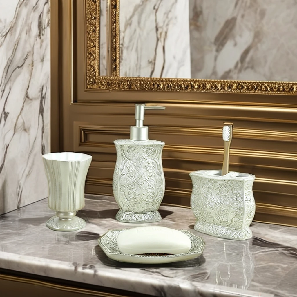 Antique Elegant Vintage Copper Bathroom Sanitary Ware Four Piece Polyresin Bathroom Accessory Set