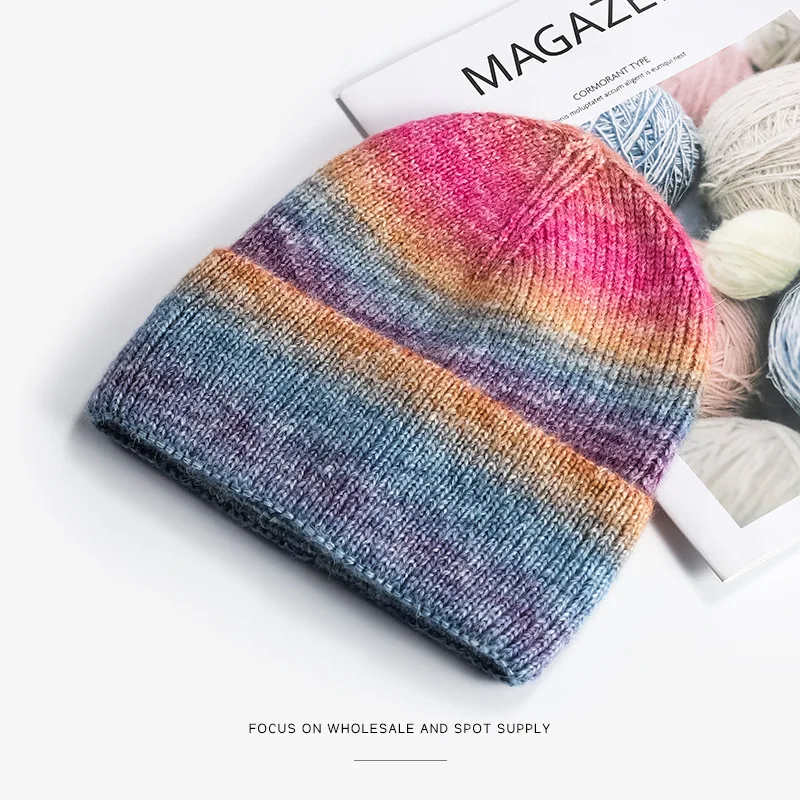 Gradient color knitting beanies, colorful beanies tie dye blank beanies with custom label tag