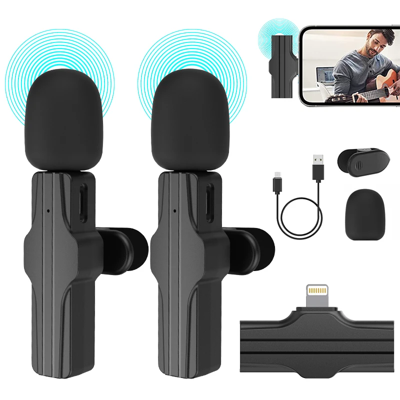 Noise Reduction Auto-Sync Dual Transmitter Interview YouTube TikTok Vlog Wireless Lavalier Mic Microphone for Video Recording