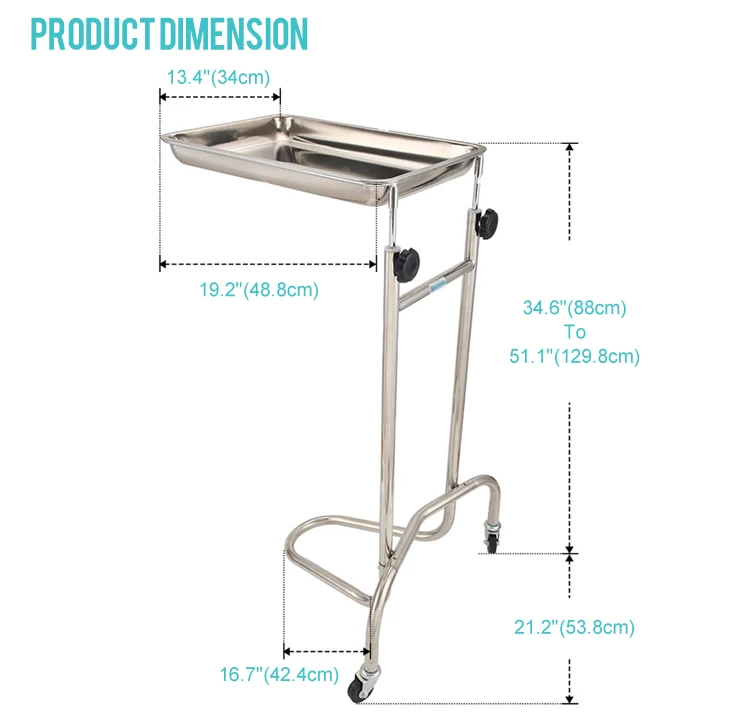 Tray Medical Rolling Tray 17 Lbs Weight Capacity, Stainless Steel with 2 Caster Wheels for Clinics, Tattoo Shop, SPA