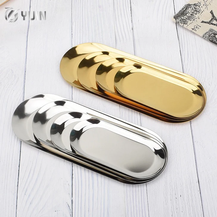 Wholesale metal small serving tray jewelry dessert steak fruit food dinner dishes stainless steel oval plate