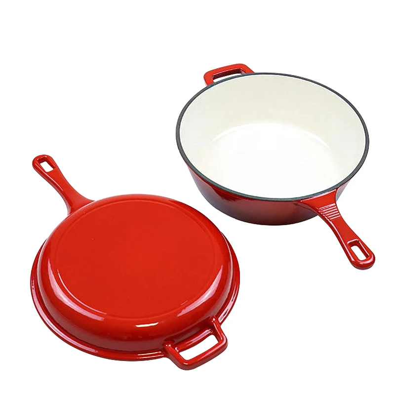 2 In 1 Enameled Cast Iron Cooking Pot Dutch Oven Enamel Non-stick Cast Iron Cookware Set with Long Handle