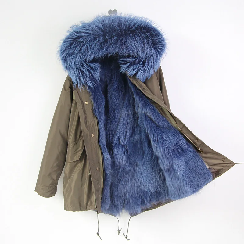 CX-G-P-12R Street Wear Real Fox Fur Lining Hooded Parkas Women Fur Parka Jacket with Raccoon Collar