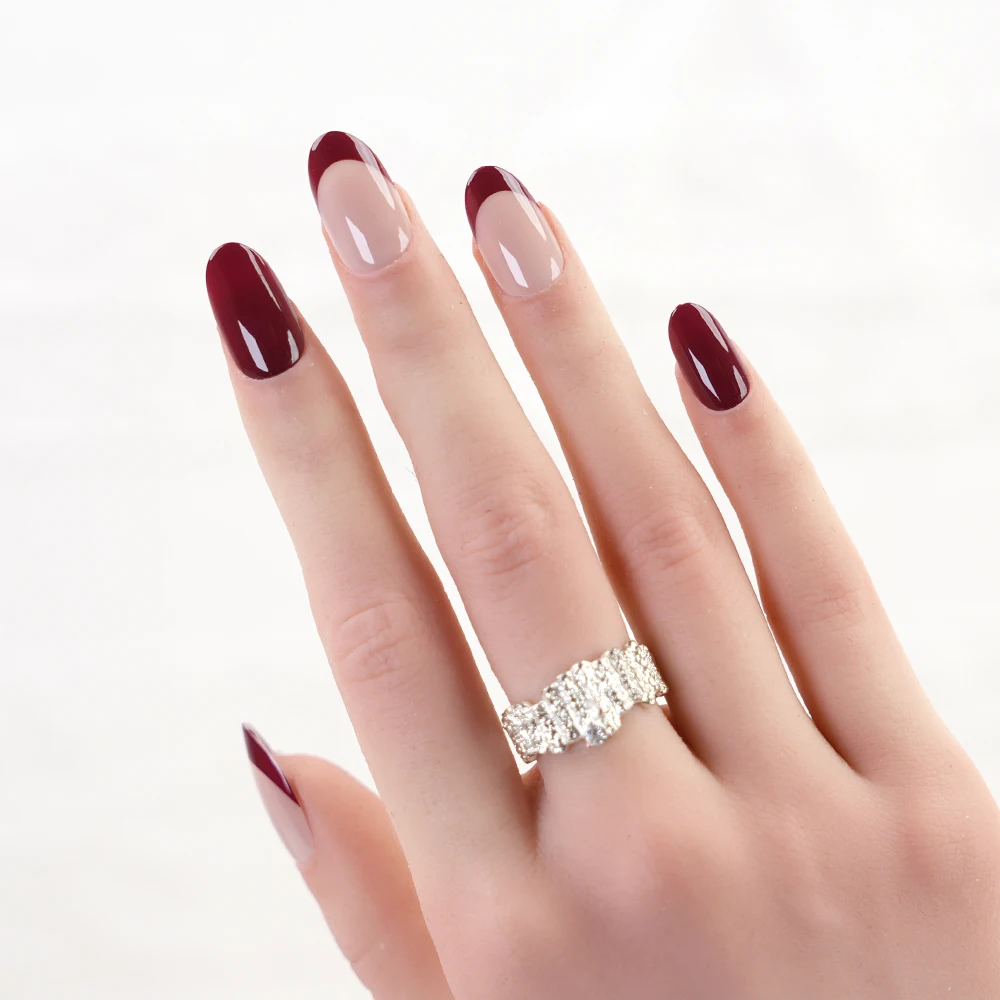 Verified Suppliers Supply Free Sample False Nail Wine Red French Finish Easy Apply Reusable Decorated Artificial Press On Nails