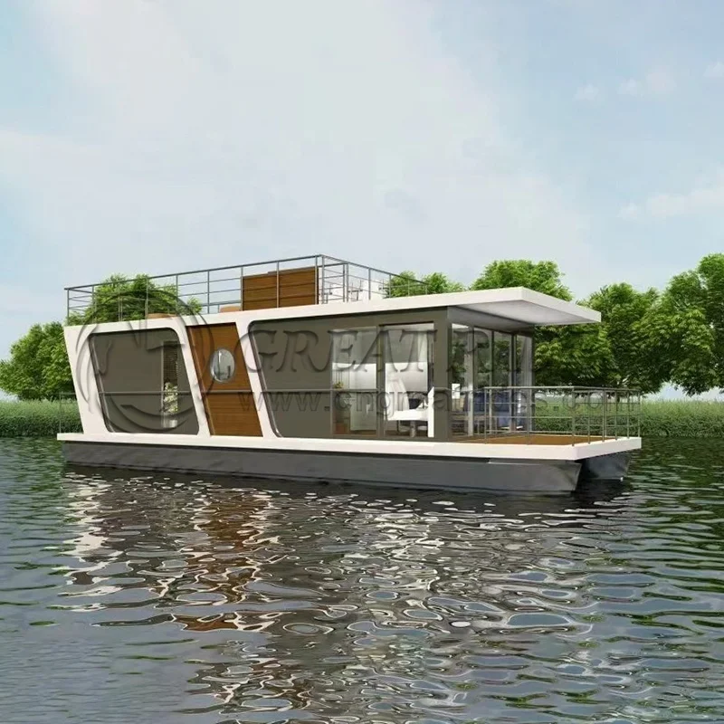 European Luxury Design Steel Home Boat Module Custom Prefab Floating Houseboat Wharf Boat for Accommodation
