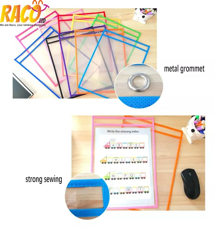 Assorted Colors of Reusable A4 Children Drawing Clear Ticket Holders Reusable Dry Erase Pocket