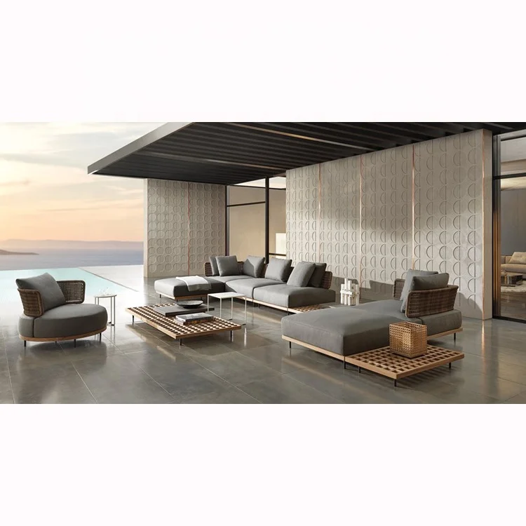 European outdoor wicker rattan chair modern style teak wood chair patio Lounge garden sofa set