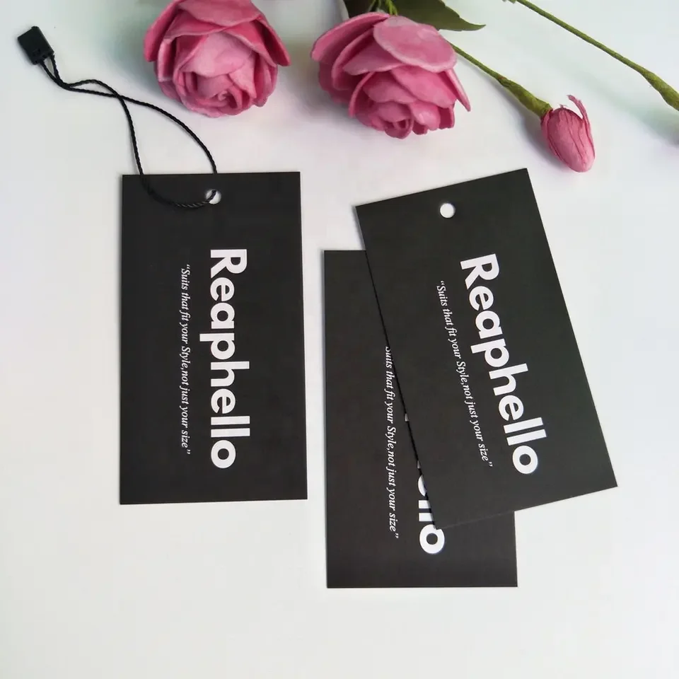 Factory Fashion design black coated paper hang tag Clothing label hand Tags with string for your print logo
