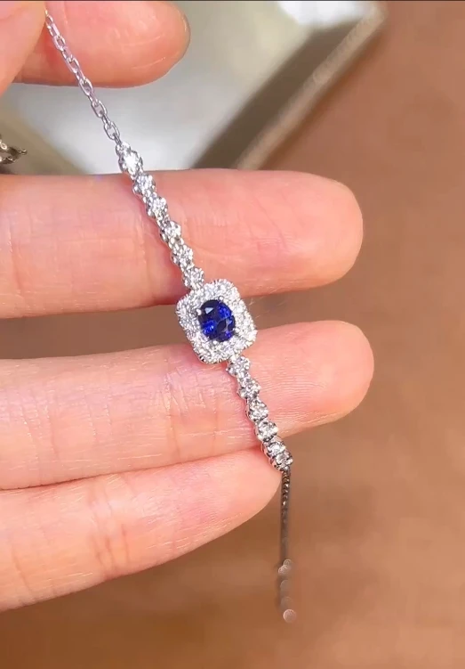 Simple INS Style 18K White Gold Jewelry Natural Royal Blue Sapphire Tennis Bracelet Fashion Accessory Charm Bracelet
