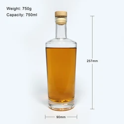 Wholesale Transparent  750ml Empty Vodka Liquor Glass Bottles for Rum Whiskey Liquor with Cork top