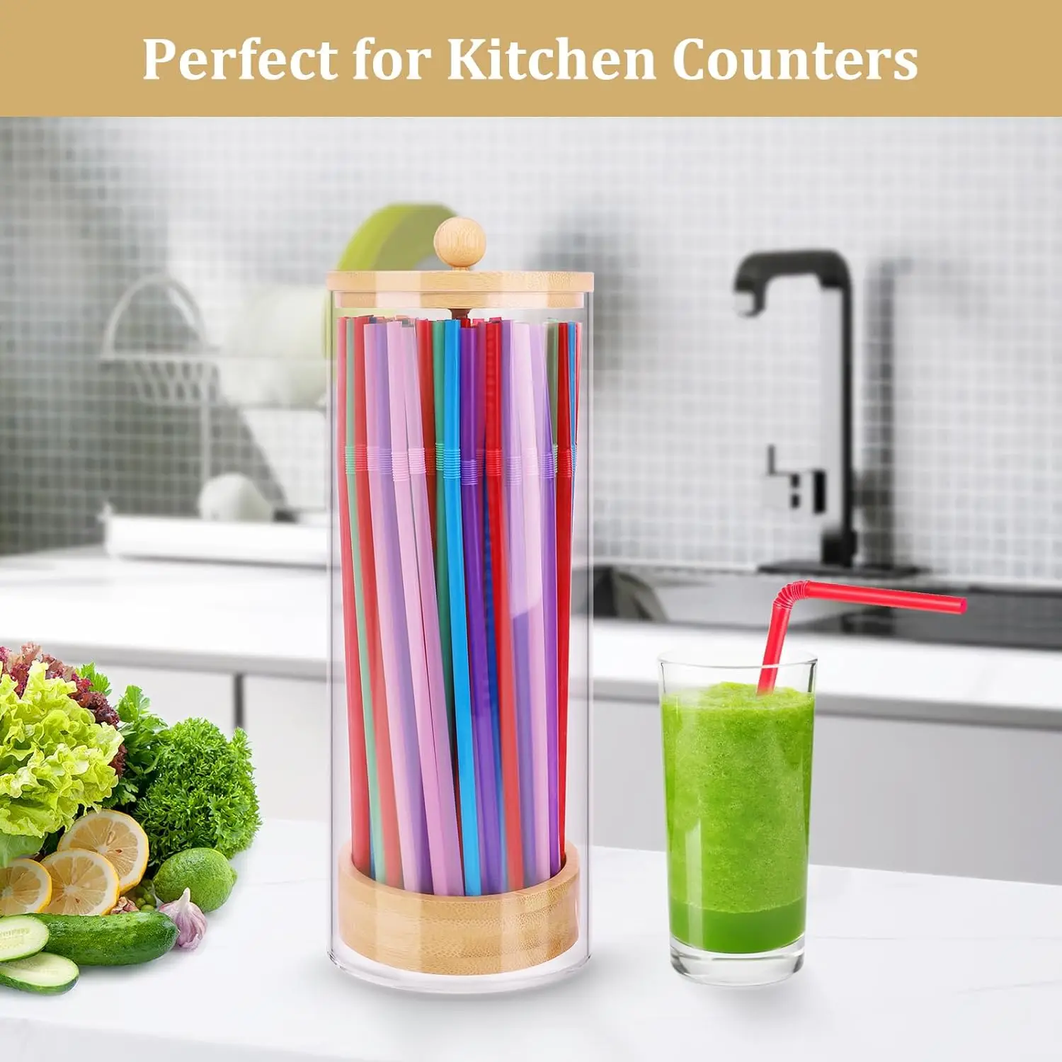 Acrylic Transparent Drinking Straw Holder Dispenser for Counter with Bamboo Lid for Standard Straws Organizer for Kitchen Party