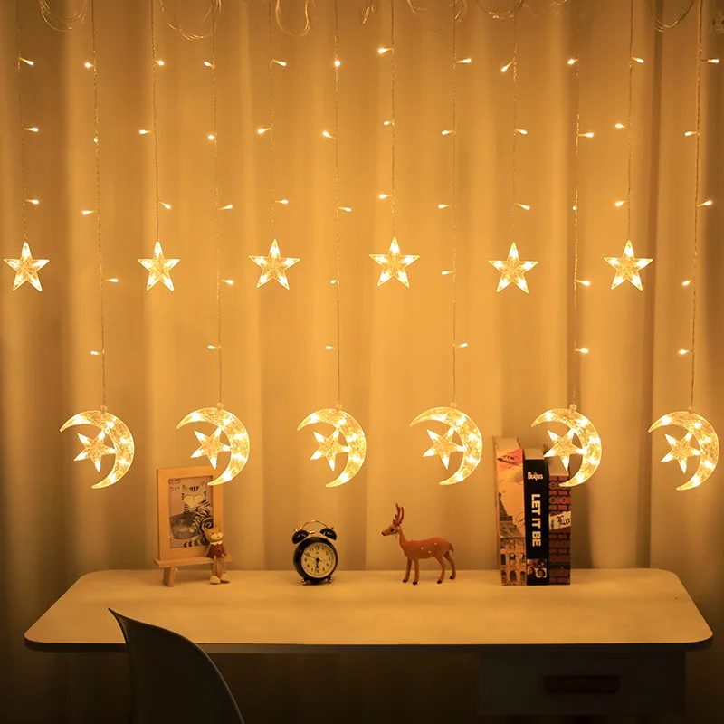 Twinkle Star 138 LED Star Moon Indoor String Lights USB Window Curtain Lights 8 Flashing Modes Christmas Ramadan Decorations