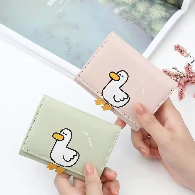 Multi-slot Three Fold Pack Luck Duck Short PU Wallet Lady Kids Cute Duck Printed Coin Purse with Magnet