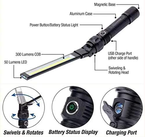 Car Repair, Outdoor, Camping, Emergency  COB LED Slim Work Light with Magnetic Base Foldable Rechargeable LED Work Light
