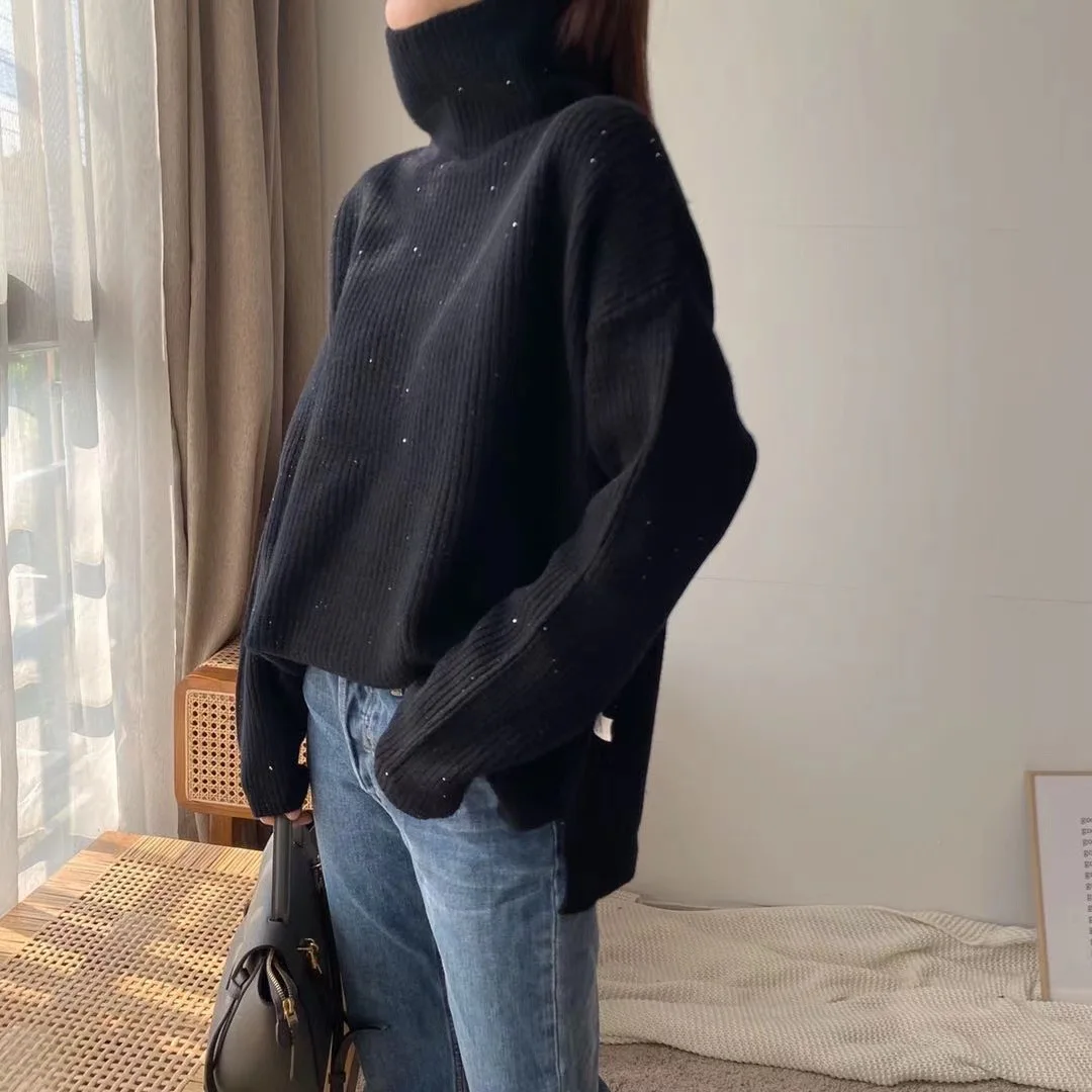 
Korean version of 100%wool shiny silk luxury bottoming shirt pit knit pullover sweater women 