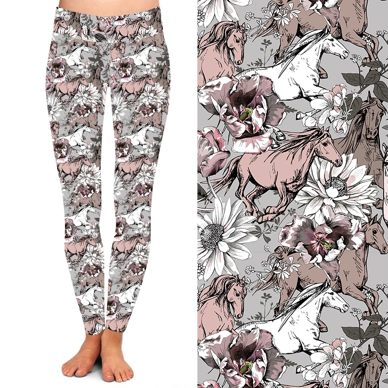 Custom design promotion wholesale buttery soft brown check running horse leggings