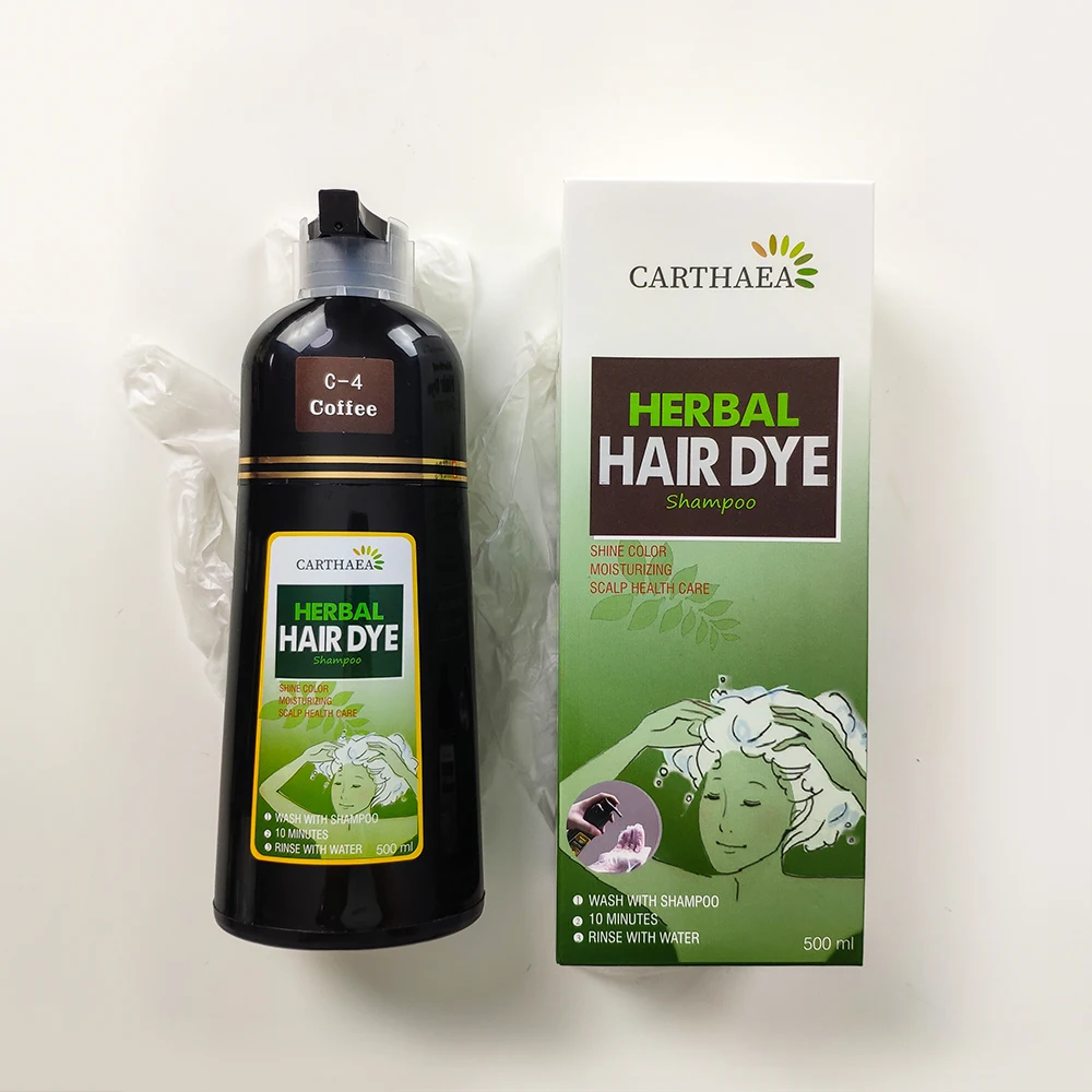 Carthaea 500ml Styling natual Ammonia free 3 in 1 fast color permanent 100% cover gray white black herbal hair dye shampoo