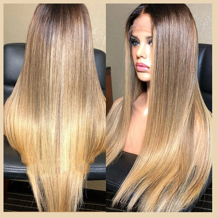 Highlight Wig Vendor Wholesale 1b Honey Blonde Ombre Hair Wig With Dark Roots Mink Peruvian Virgin Human Hair HD Lace Front Wig