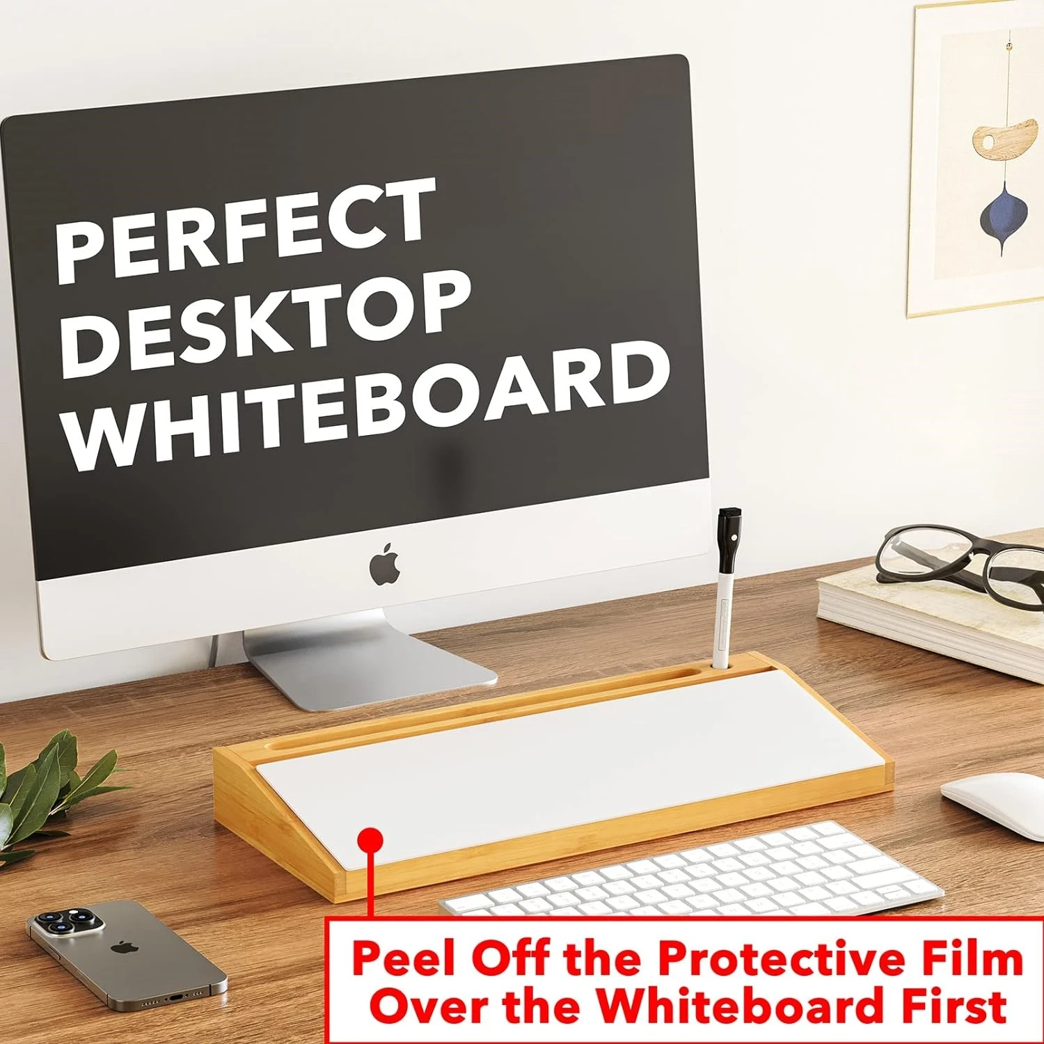 Bamboo Desktop Whiteboard with Organizer Box Office Desk Dry Erase White Board Holder Computer Keyboard Stand Pad for Office