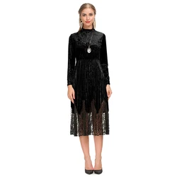 Latest design pleated lace hem women long sleeve high waist crew neckline soft velvet fabric midi dress