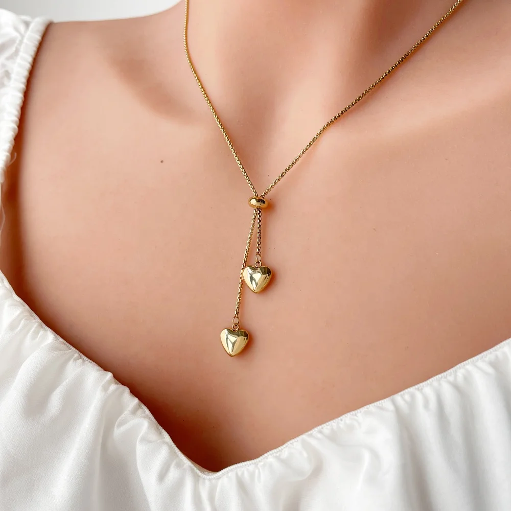 Elegant Adjustable Movable Lariat Stainless Steel 18K Gold Necklace Women Dainty Heart Pendant Box Chain Choker Romantic Jewelry