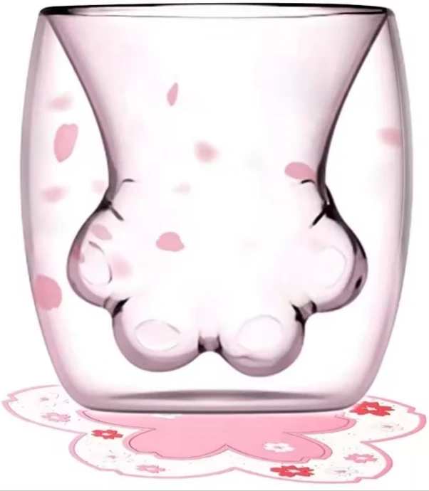 250ML Hot selling creative Double layer creative influence cat paw coffee milk cup cherry blossom glass water cup