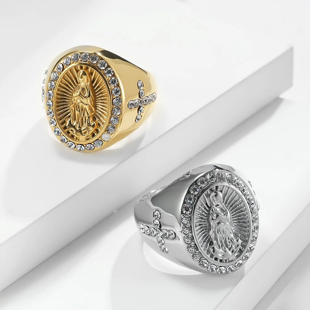 new 22mm Stainless Steel Ring Silver18 K Gold Virgin Mary Cross with Diamond Stainless Steel Ring Jewelry finger rings