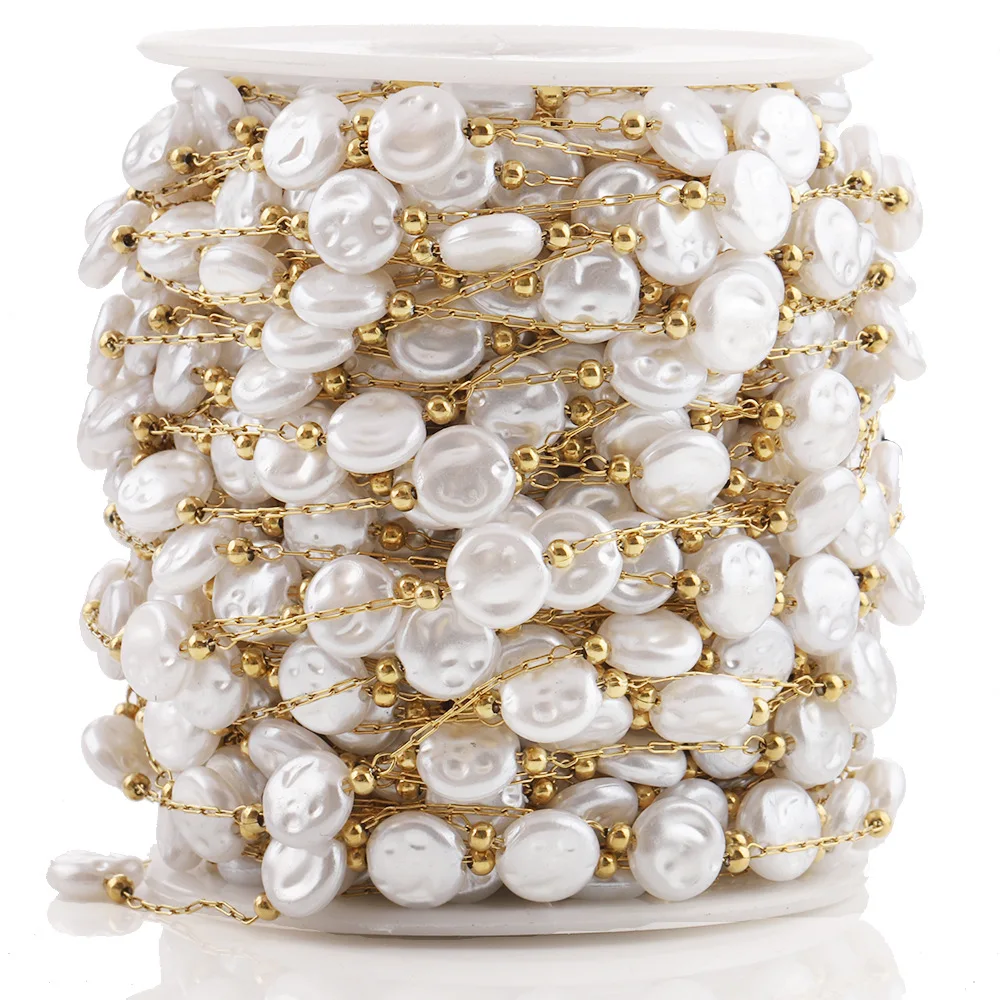 5Meters/Roll 18K Gold Plated Steel Body Chain 8mm Flat Baroque Imitation Pearl DIY  Fine Jewelry Jewelry Making Accessories