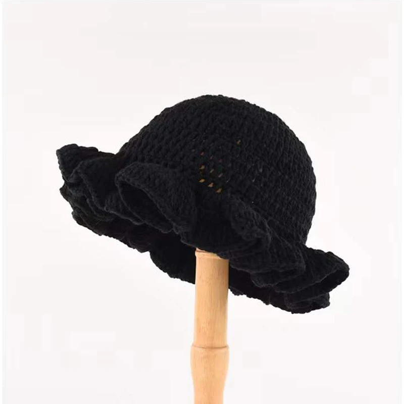 New Fashion Solid Color Handmade Knitted Cap Orange French Crochet Beach Ruffle Hats for Women