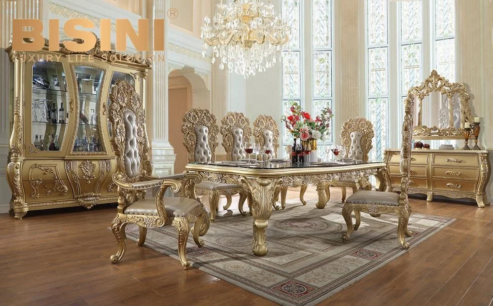 Роскошный Металлический античный золотой Королевский обеденный стол Rococo с 8 стульями