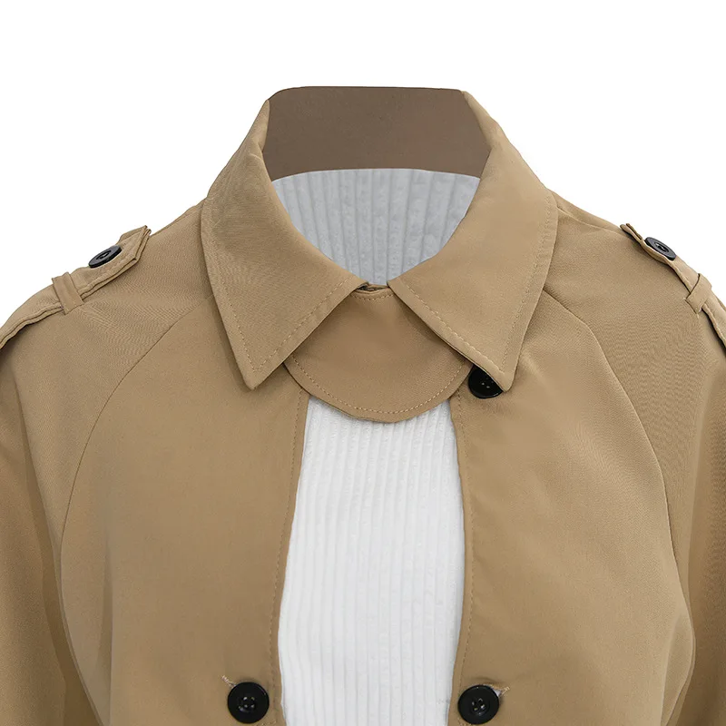 Vintage Woven Winter Trench Coat Temperament Commuter Ladies Short Khaki Polyester Lining Women's Coat Print Thin Breathable