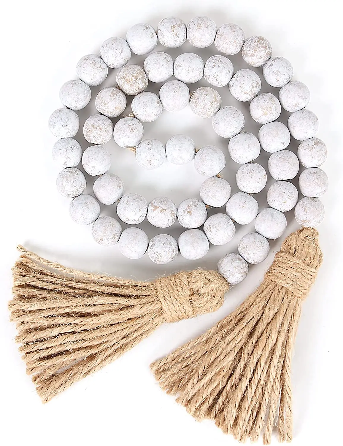 Wood Bead Garland Farmhouse Beads with Tassels  Country Wall Hanging Decor Prayer Beads