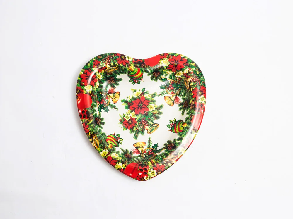 Heart shape plastic serving tray,western design christmas printed holiday plastic serving tray