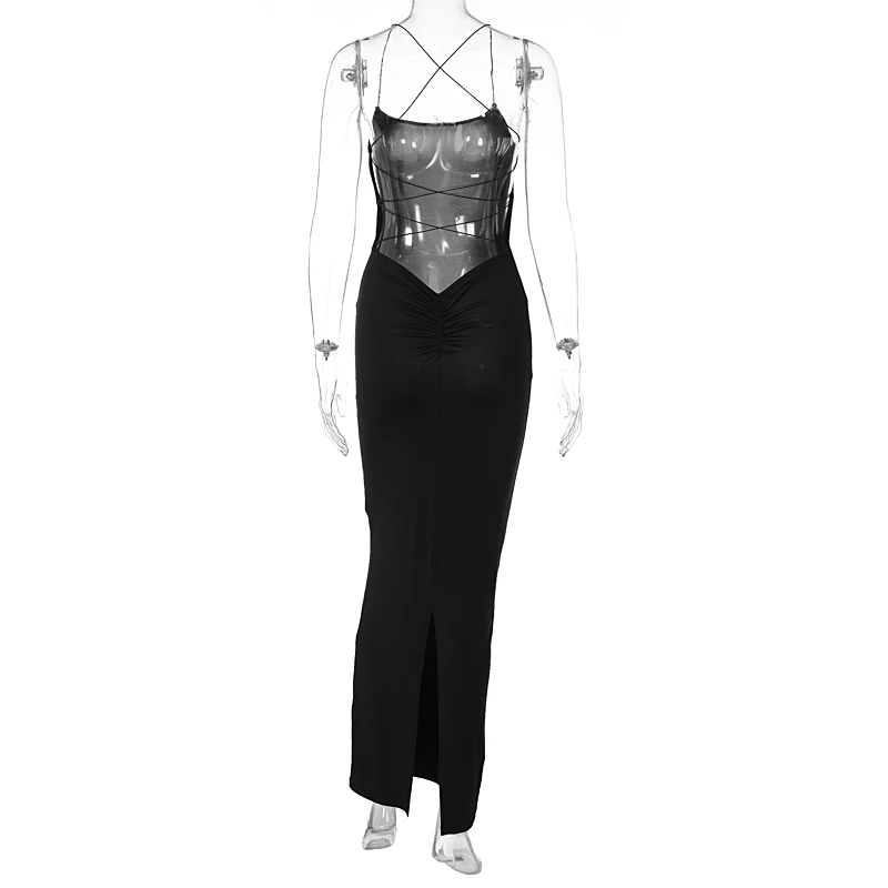 Hot Sleeveless Halter Ruched Slit Black Long Slip Dresses Summer Sun Beach Spaghetti Strap Bandage Sexy Backless Dress For Women