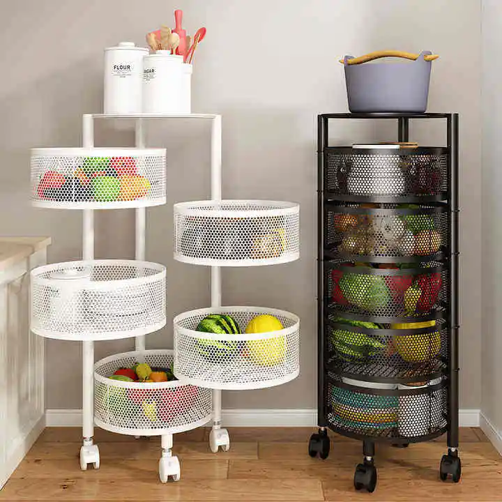 NISEVEN Best Price Multi Layer Kitchen Storage Racks 360 Rotating Vegetable Basket Floor Standing Storage Rack with Mesh Basket