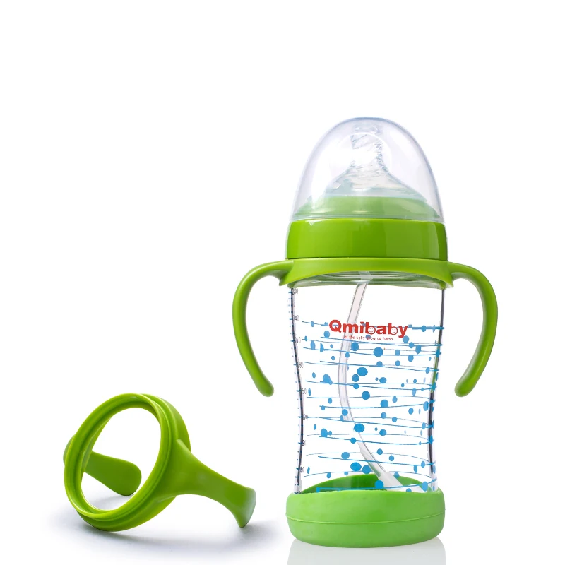 Anti-colic nipple wide-neck glass feeding bottle with handle with silicone cover