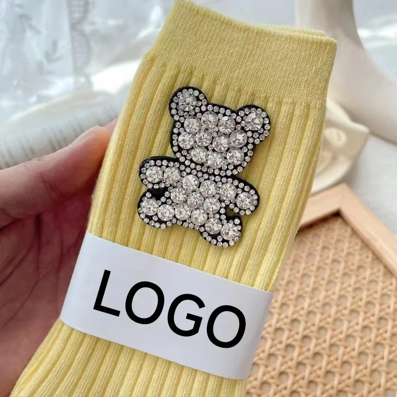 Fashion Custom Logo  Colorful Rainbow Socks Cotton New  Colorful Wholesale Fashion Designer Crystal Bear Socks for Womeln