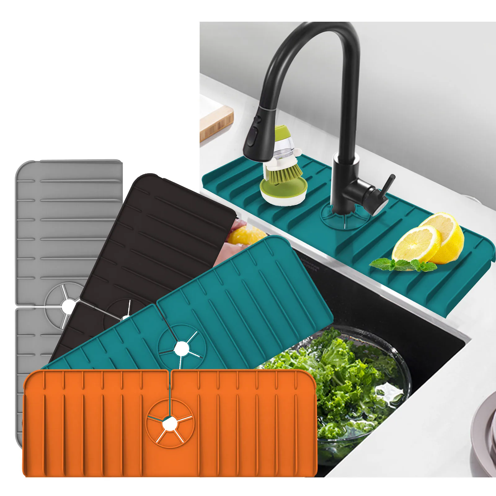37cm Longer Silicone Sink Mat Faucet Absorbent Mat, Sink Splash Guard, Dish Drying Countertop Mat