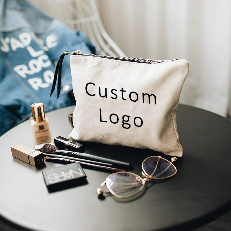 Small Eco Custom Logo Cotton Blank Zipper Pouch Make Up Bags Plain White Cotton Canvas Makeup Cosmetic Bag