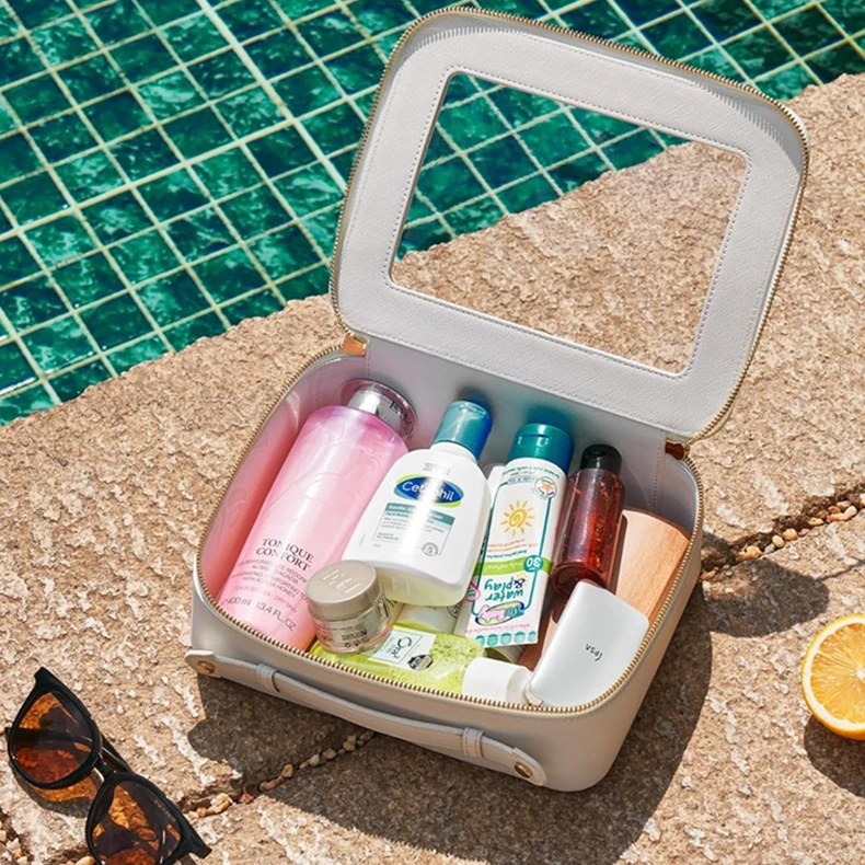 Wholesale PVC Transparent Clear Zipper Organizer Makeup Bag PU Leather Travel Toiletry Wash Pouch Vinyl Cosmetic Bag