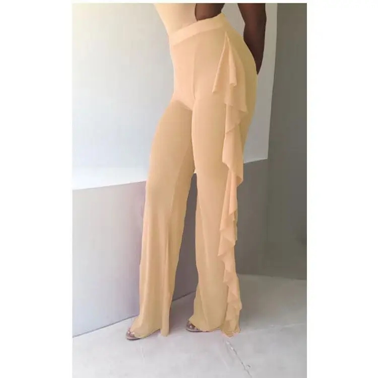 Women Beach Mesh Sheer Transparent Bikini Cover Up Swimwear Bathing Suit Pant Trousers High Waist Ruffles Beach Trousers