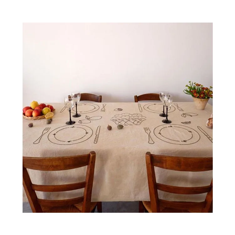 HOT Selling Wholesale Customized Embroidery 100% French  Natural Flax Linen Tablecloth