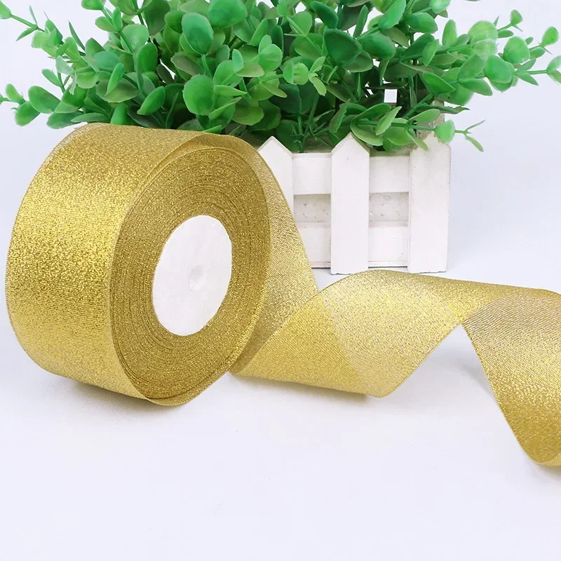 1.2cm 25 Yards/Roll Gold/Silver Glitter Organza Ribbon Width DIY Handicraft Accessories Tapes Wedding Cake Gift Decoration