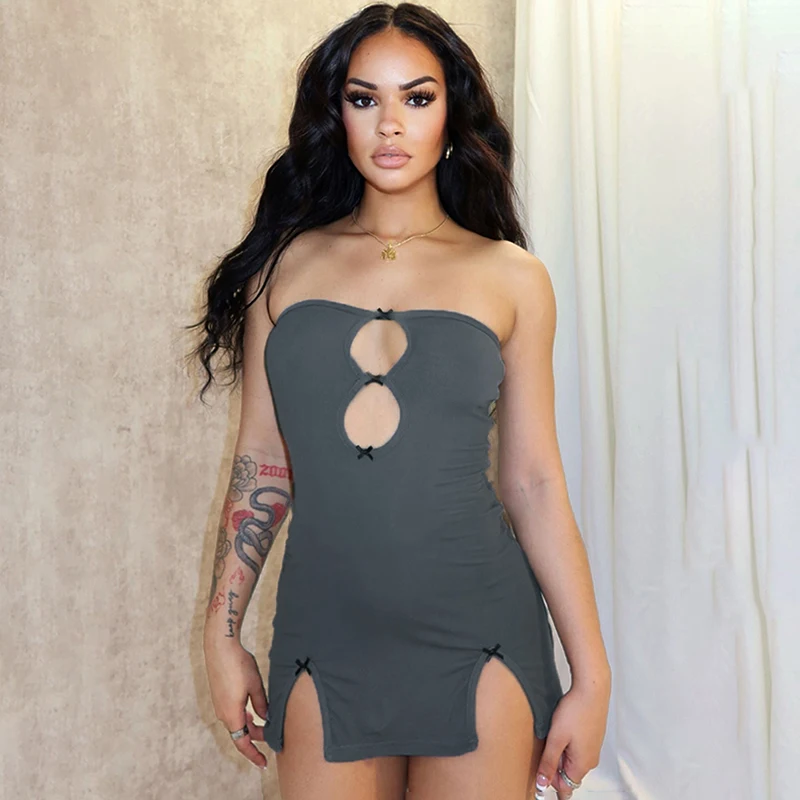 Bomblook D24DS059 Trends Sexy Outfits Strapless Ladies Slit Dress Women Solid Bodycon Bow Mini Dress 2024 Summer