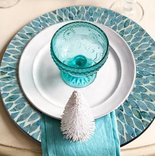 Wholesale Vietnam Placemats Mother Of Pearl Inlay Nacre Wood Charger Plates For Wedding blue pattern