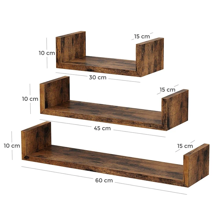 VASAGLE Living Room Bedroom Rustic Brown U-Shaped Decorations Set of 3 Wall Shelves Vintage-Style Wall-Mounted Floating Shelves