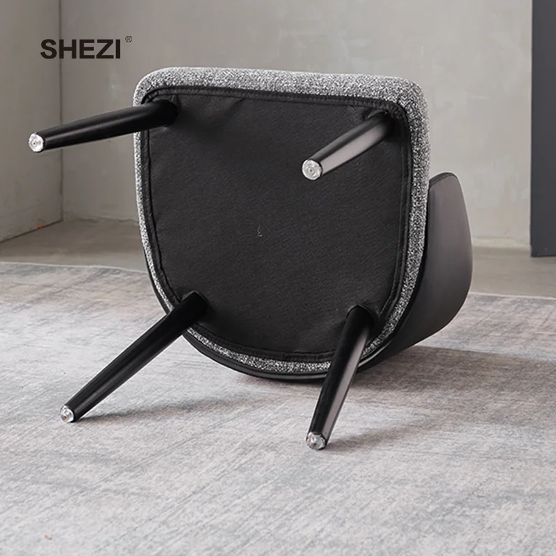 SHEZI Nordic Design Upholstered Dining Room Pu And Linen Cloth Material Low Back Wood Legs Grey Armrest Dining Chairs In Foshan