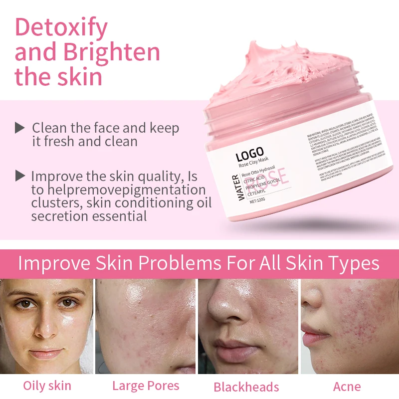 Rose Clay Mask Custom Facial Cleansing Detox Whitening Natural Vegan Cosmetic Facial Skincare Pink Mud Rose